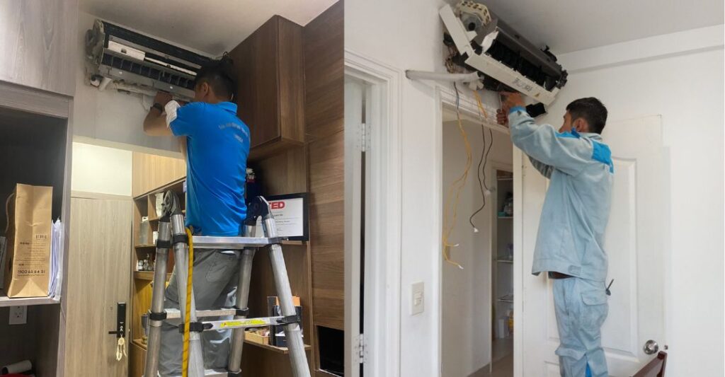 Kỹ thuật viên đang sửa chữa máy lạnh Gree báo lỗi e1
