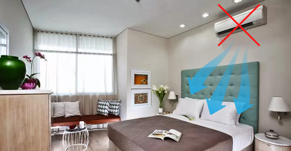 Không nên lắp máy lạnh ngay trên đầu giường – khí lạnh thổi trực tiếp gây hại sức khỏe.
