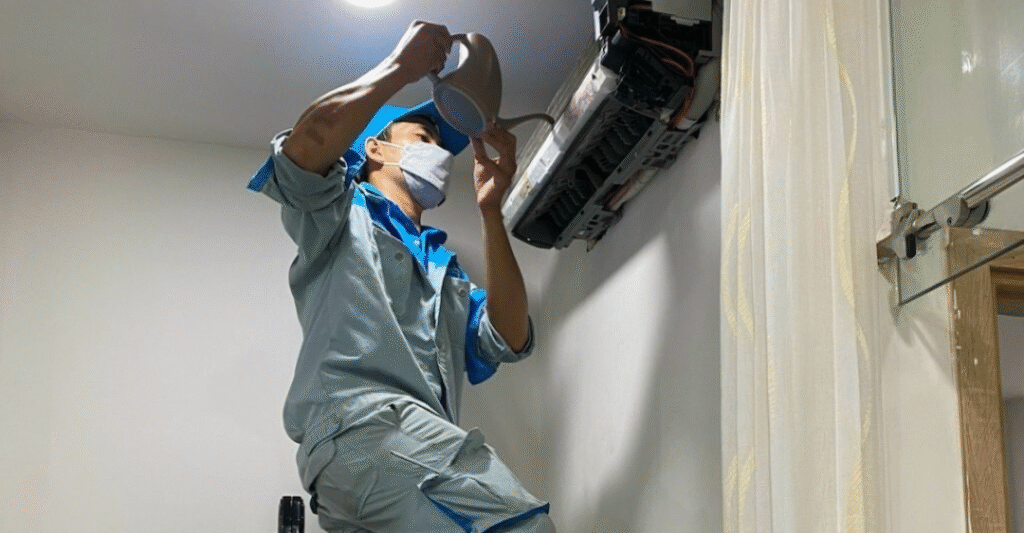Kỹ thuật viên Trung tâm sửa chữa máy lạnh đang kiểm tra máy lạnh
